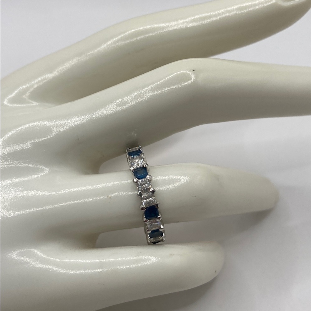 Sterling Silver Princess Cut Simulated Sapphire & Diamond Eternity Band Ring 7 - Picture 7 of 9